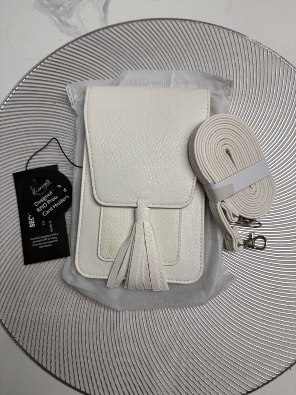 Crossbody phone or essential White Tassel Bag - 2 compartments, card slots RFID